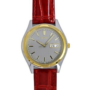 Seiko Men's Vintage 1990's Steel Two Tone Red Genuine Leather Watch 7N43-8199